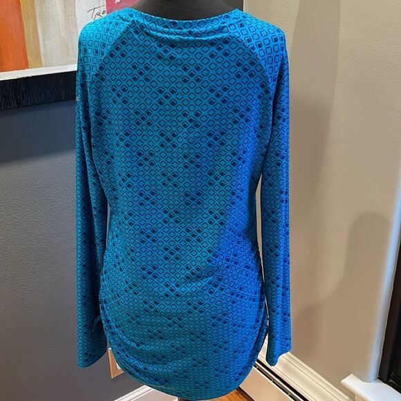 ASCEND deep turquoise geo print stretch knit drawstring ruched lower side top. S - Picture 5 of 7